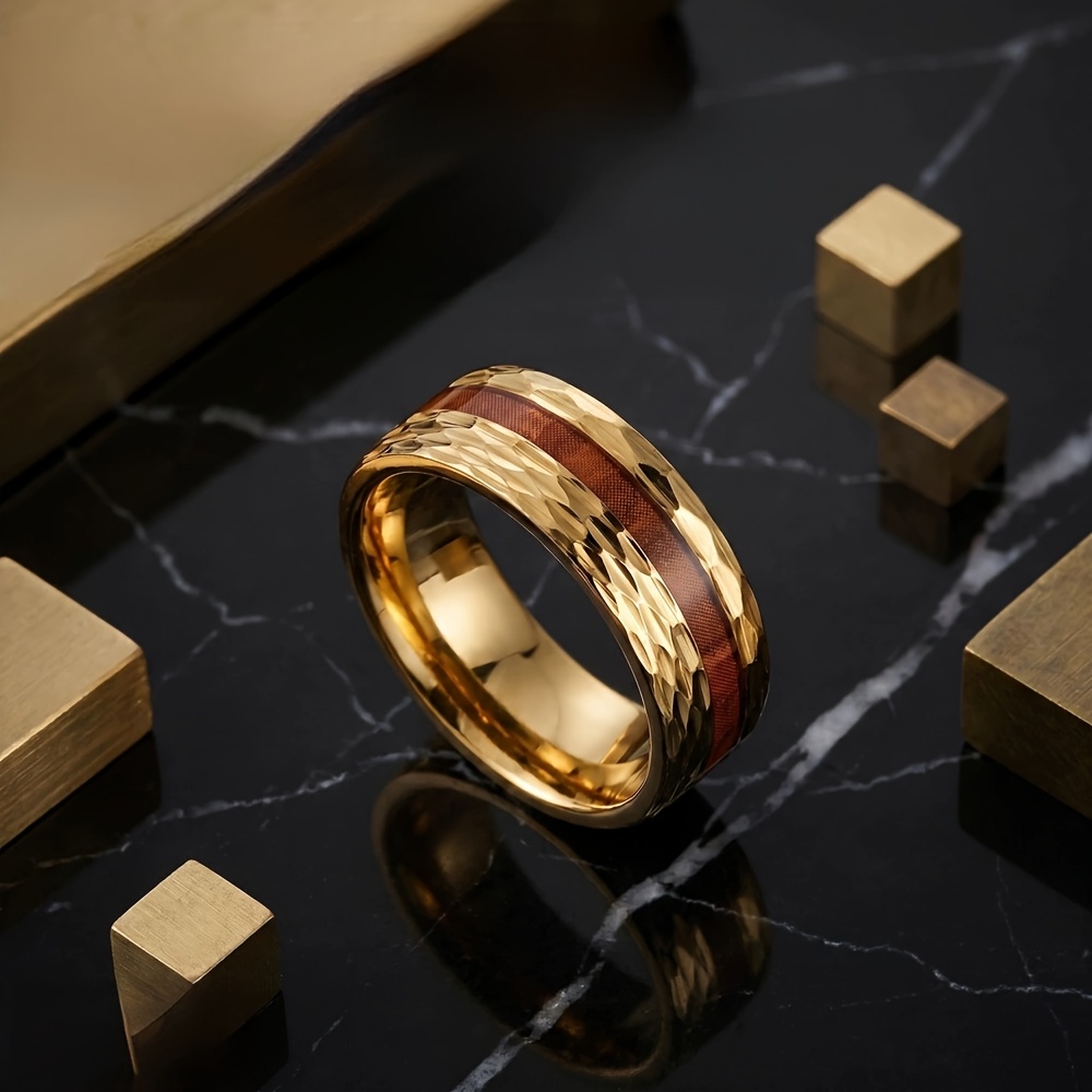 Men's 18K Gold Plated Wood Grain Ring, Waterproof Design